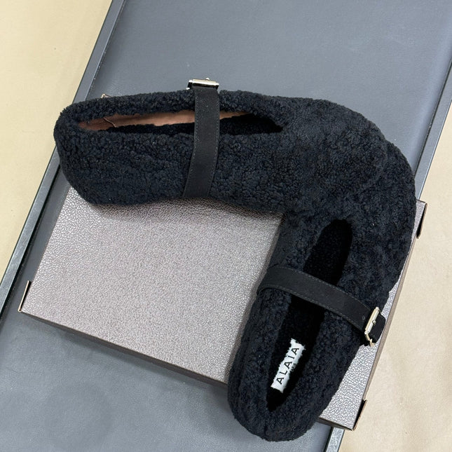 ALAIA 25S COZY MARY JANE SHEARLING FLATS IN BLACK