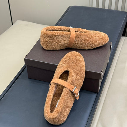 ALAIA 25S COZY MARY JANE SHEARLING FLATS IN CARAMEL