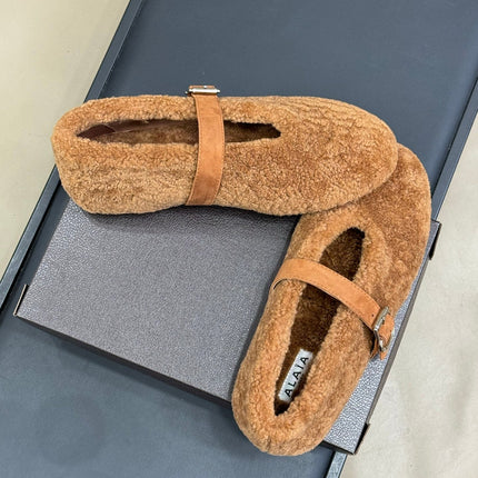 ALAIA 25S COZY MARY JANE SHEARLING FLATS IN CARAMEL