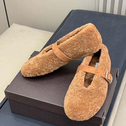 ALAIA 25S COZY MARY JANE SHEARLING FLATS IN CARAMEL