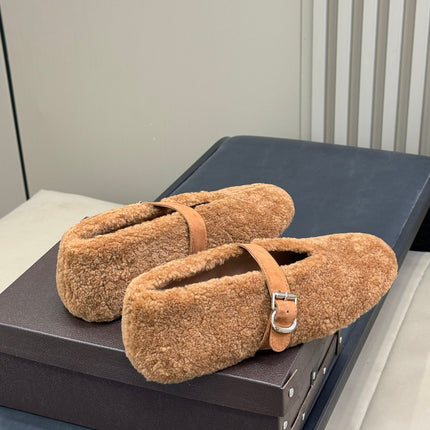 ALAIA 25S COZY MARY JANE SHEARLING FLATS IN CARAMEL