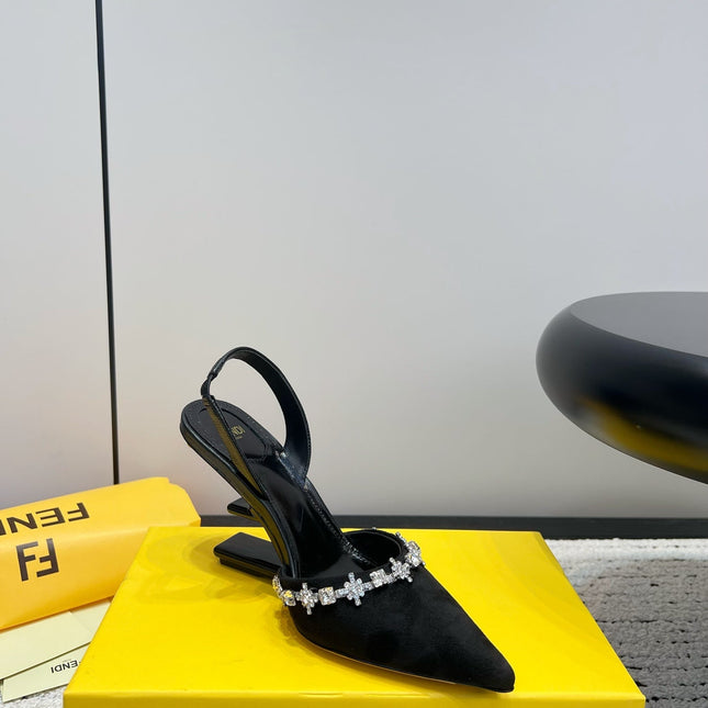 FENDI CRYSTAL HIGH-HEELED SLINGBACK 7 CM IN BLACK  SUEDE
