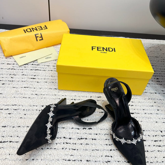 FENDI CRYSTAL HIGH-HEELED SLINGBACK 7 CM IN BLACK  SUEDE