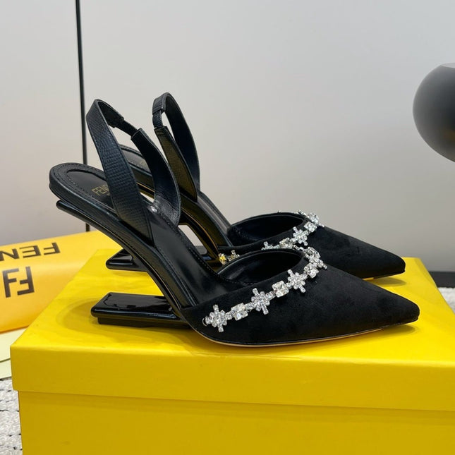 FENDI CRYSTAL HIGH-HEELED SLINGBACK 7 CM IN BLACK  SUEDE
