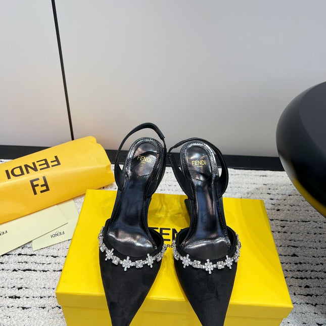 FENDI CRYSTAL HIGH-HEELED SLINGBACK 7 CM IN BLACK  SUEDE