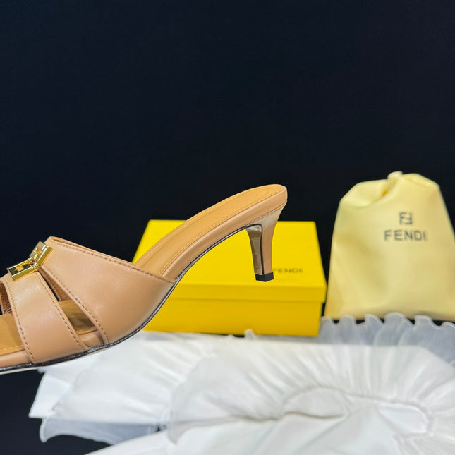 FENDI MEDIUM-HEELED 55 MM MULE IN BRONZE BROWN LAMBSKIN WITH GOLD HARDWARE