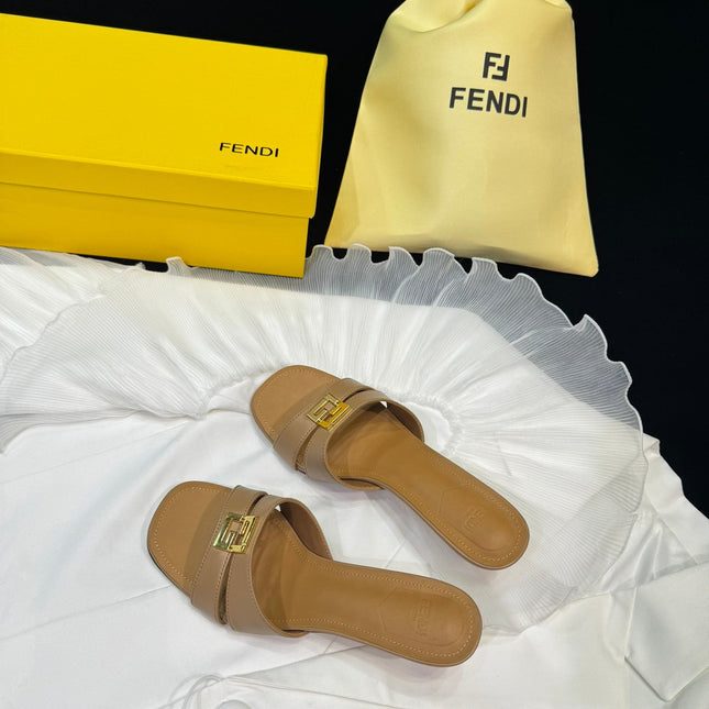 FENDI MEDIUM-HEELED 55 MM MULE IN BRONZE BROWN LAMBSKIN WITH GOLD HARDWARE