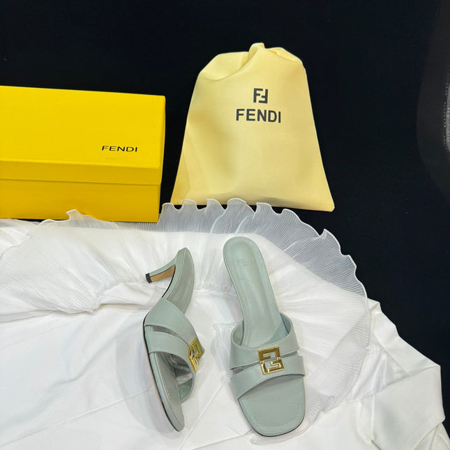 FENDI MEDIUM-HEELED 55 MM MULE IN ASH GREY LAMBSKIN WITH GOLD HARDWARE