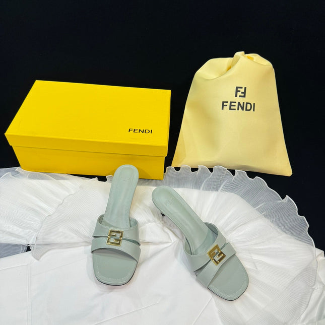FENDI MEDIUM-HEELED 55 MM MULE IN ASH GREY LAMBSKIN WITH GOLD HARDWARE