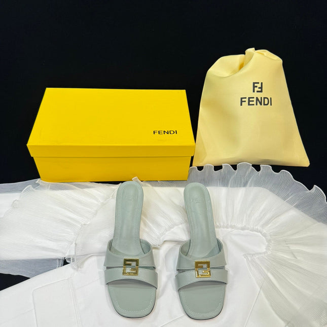 FENDI MEDIUM-HEELED 55 MM MULE IN ASH GREY LAMBSKIN WITH GOLD HARDWARE