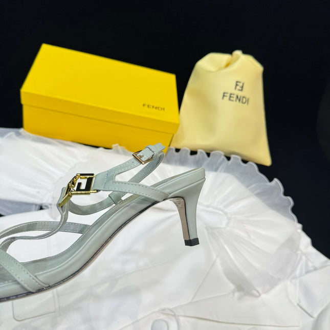 FENDI FFOLD MEDIUM-HEELED 55 MM SANDALS IN ASH GREY LAMBSKIN WITH GOLD HARDWARE