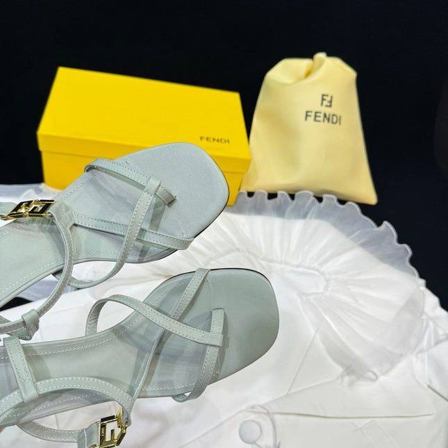 FENDI FFOLD MEDIUM-HEELED 55 MM SANDALS IN ASH GREY LAMBSKIN WITH GOLD HARDWARE