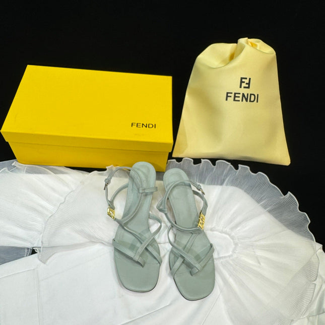 FENDI FFOLD MEDIUM-HEELED 55 MM SANDALS IN ASH GREY LAMBSKIN WITH GOLD HARDWARE