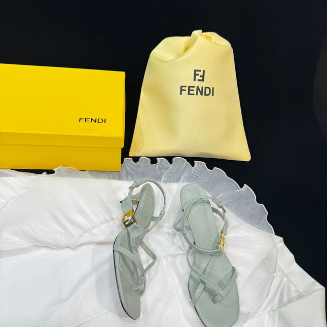 FENDI FFOLD MEDIUM-HEELED 55 MM SANDALS IN ASH GREY LAMBSKIN WITH GOLD HARDWARE