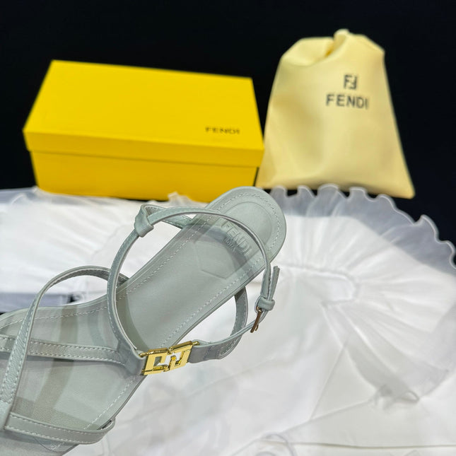 FENDI FFOLD MEDIUM-HEELED 55 MM SANDALS IN ASH GREY LAMBSKIN WITH GOLD HARDWARE