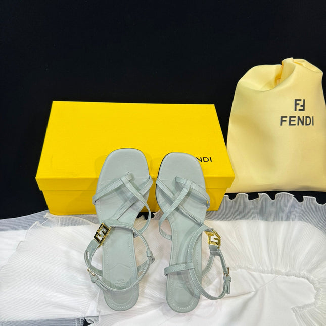 FENDI FFOLD MEDIUM-HEELED 55 MM SANDALS IN ASH GREY LAMBSKIN WITH GOLD HARDWARE