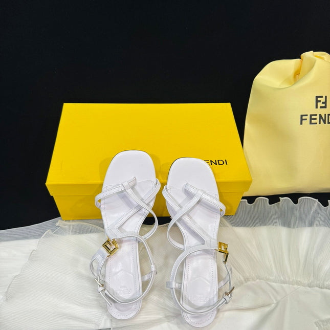 FENDI FFOLD MEDIUM-HEELED 55 MM SANDALS IN WHITE LAMBSKIN WITH GOLD HARDWARE