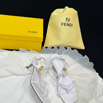 FENDI FFOLD MEDIUM-HEELED 55 MM SANDALS IN WHITE LAMBSKIN WITH GOLD HARDWARE
