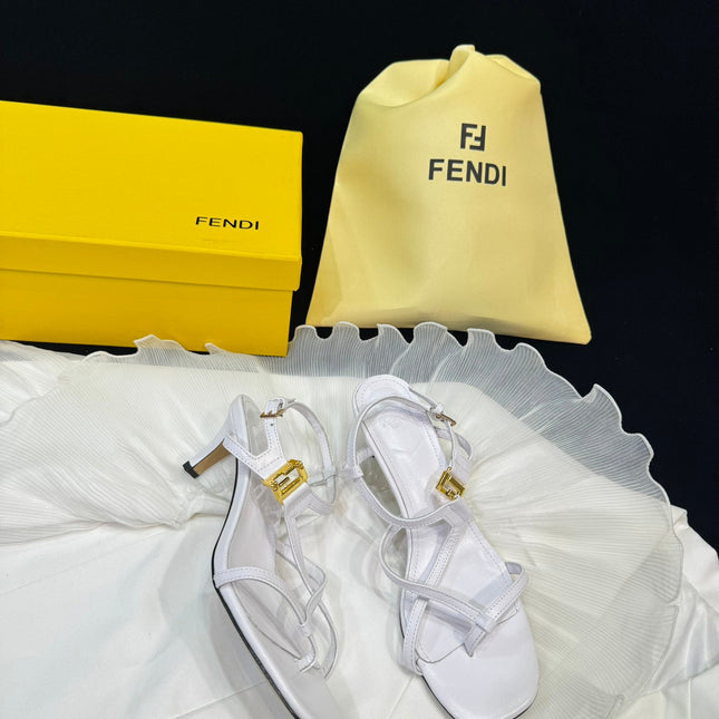 FENDI FFOLD MEDIUM-HEELED 55 MM SANDALS IN WHITE LAMBSKIN WITH GOLD HARDWARE