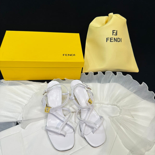 FENDI FFOLD MEDIUM-HEELED 55 MM SANDALS IN WHITE LAMBSKIN WITH GOLD HARDWARE