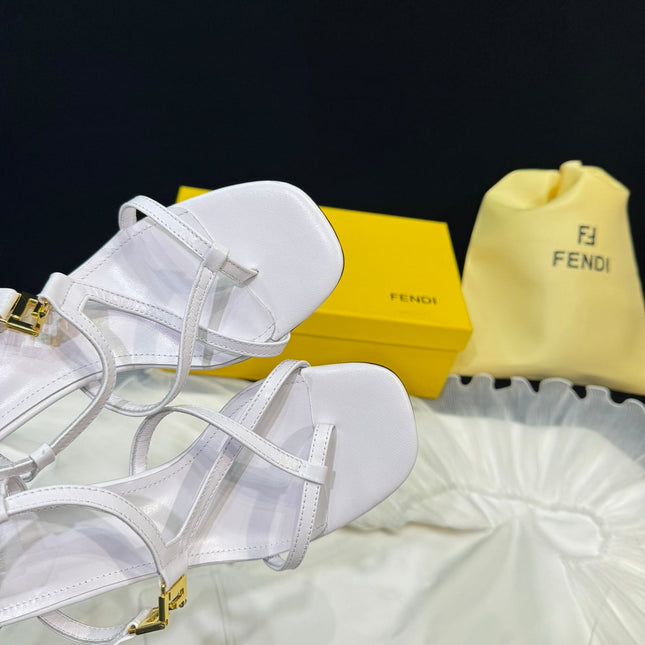 FENDI FFOLD MEDIUM-HEELED 55 MM SANDALS IN WHITE LAMBSKIN WITH GOLD HARDWARE