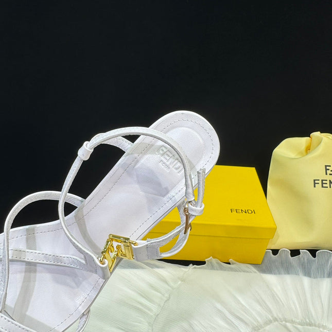 FENDI FFOLD MEDIUM-HEELED 55 MM SANDALS IN WHITE LAMBSKIN WITH GOLD HARDWARE