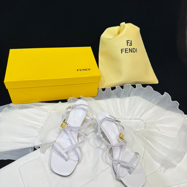 FENDI FFOLD MEDIUM-HEELED 55 MM SANDALS IN WHITE LAMBSKIN WITH GOLD HARDWARE
