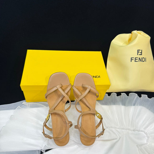 FENDI FFOLD MEDIUM-HEELED 55 MM SANDALS IN BRONZE BROWN LAMBSKIN WITH GOLD HARDWARE