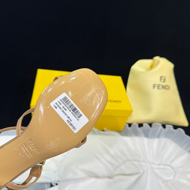 FENDI FFOLD MEDIUM-HEELED 55 MM SANDALS IN BRONZE BROWN LAMBSKIN WITH GOLD HARDWARE