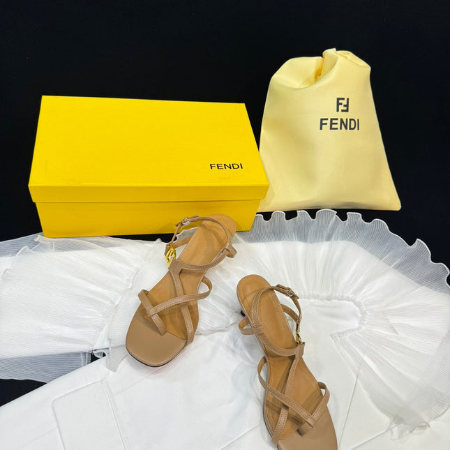 FENDI FFOLD MEDIUM-HEELED 55 MM SANDALS IN BRONZE BROWN LAMBSKIN WITH GOLD HARDWARE