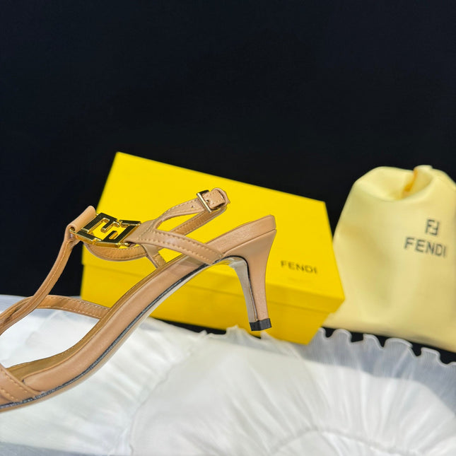 FENDI FFOLD MEDIUM-HEELED 55 MM SANDALS IN BRONZE BROWN LAMBSKIN WITH GOLD HARDWARE