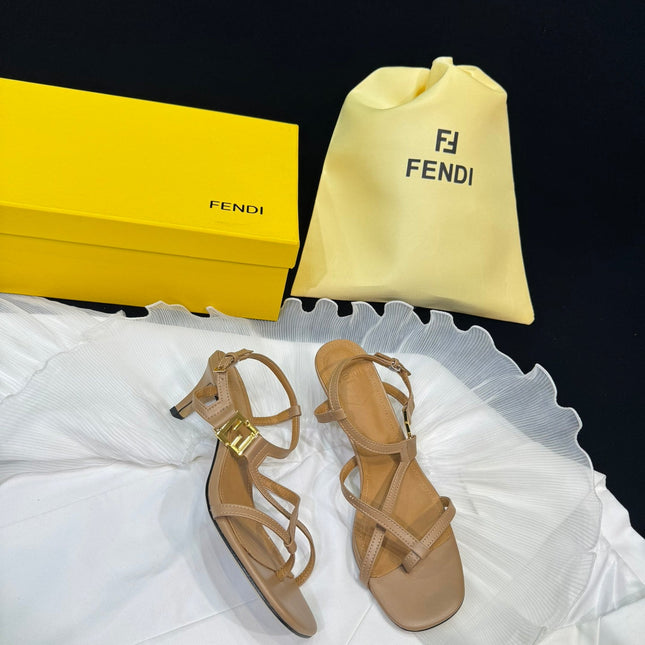 FENDI FFOLD MEDIUM-HEELED 55 MM SANDALS IN BRONZE BROWN LAMBSKIN WITH GOLD HARDWARE