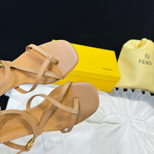 FENDI FFOLD MEDIUM-HEELED 55 MM SANDALS IN BRONZE BROWN LAMBSKIN WITH GOLD HARDWARE