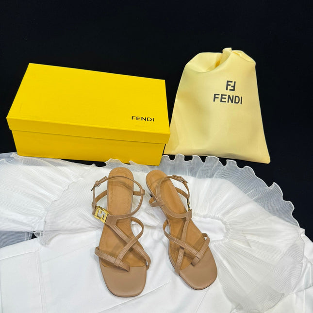 FENDI FFOLD MEDIUM-HEELED 55 MM SANDALS IN BRONZE BROWN LAMBSKIN WITH GOLD HARDWARE