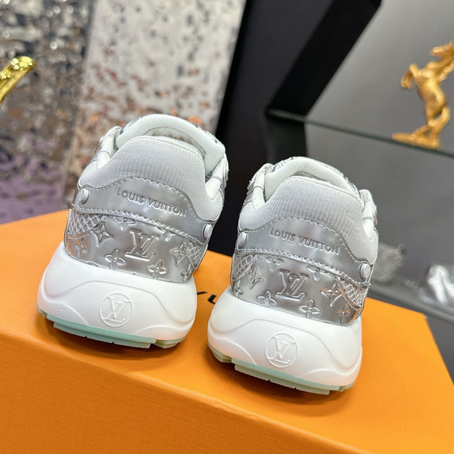 LV SNEAKERS IN SILVER AND GREEN MESH MIX CALFSKIN