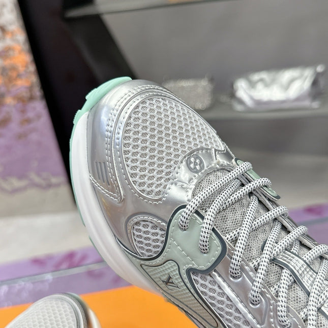 LV SNEAKERS IN SILVER AND GREEN MESH MIX CALFSKIN