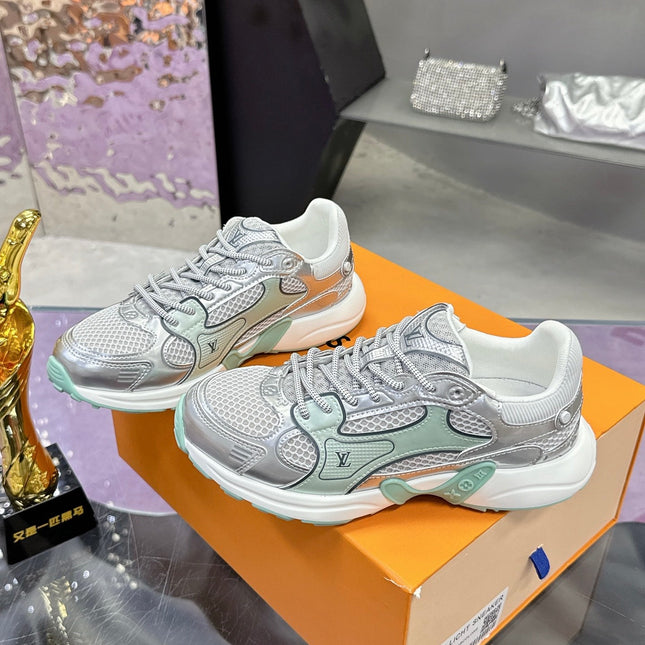 LV SNEAKERS IN SILVER AND GREEN MESH MIX CALFSKIN