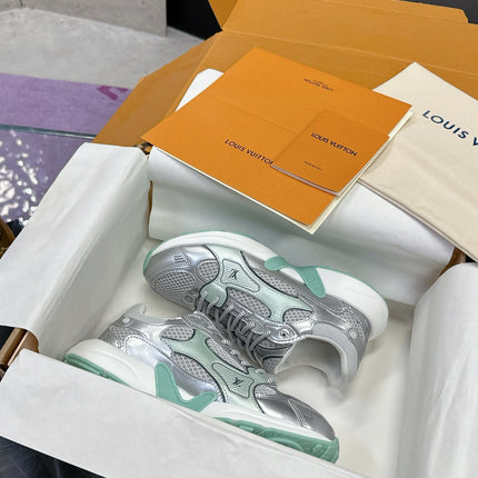 LV SNEAKERS IN SILVER AND GREEN MESH MIX CALFSKIN