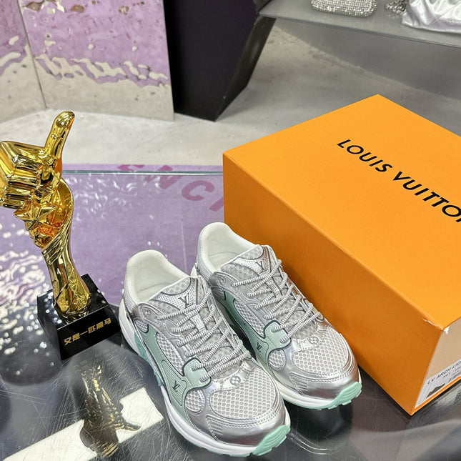 LV SNEAKERS IN SILVER AND GREEN MESH MIX CALFSKIN