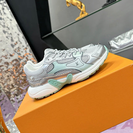 LV SNEAKERS IN SILVER AND GREEN MESH MIX CALFSKIN