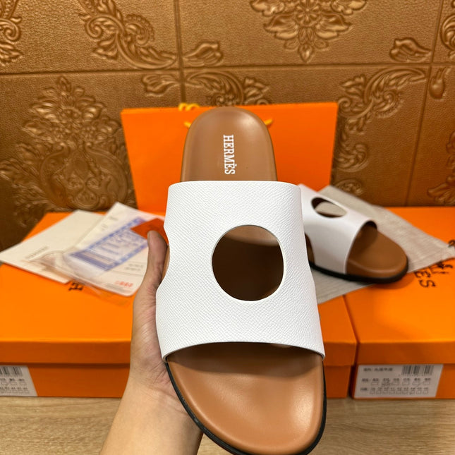 HM CIRCLE CUT SANDAL WHITE AND CARAMEL CALFSKIN