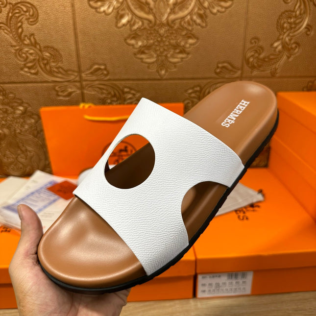 HM CIRCLE CUT SANDAL WHITE AND CARAMEL CALFSKIN