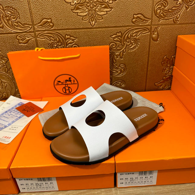 HM CIRCLE CUT SANDAL WHITE AND CARAMEL CALFSKIN