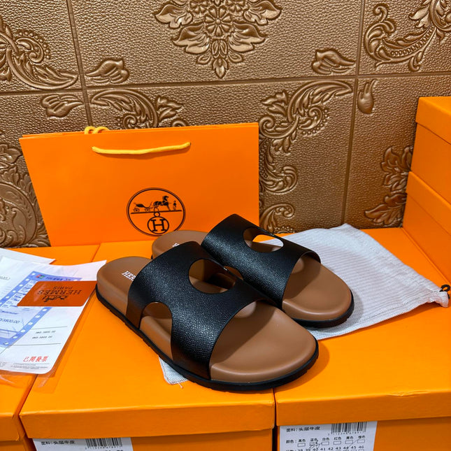 HM CIRCLE CUT SANDAL BLACK AND CARAMEL CALFSKIN