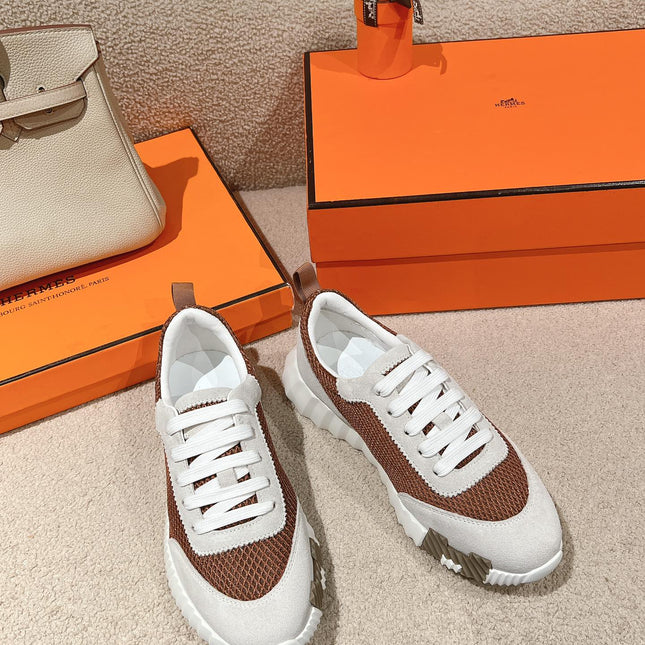 MAINLAND SNEAKER IN PALE GRAY SUEDE AND CARAMEL BROWN BREATHABLE MESH FABRIC