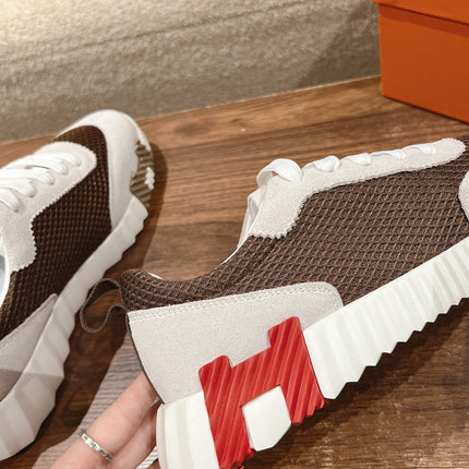 MAINLAND SNEAKER IN PALE GRAY SUEDE AND MOCHA BROWN BREATHABLE MESH FABRIC