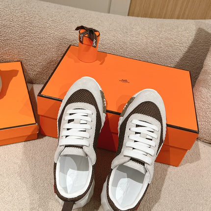 MAINLAND SNEAKER IN PALE GRAY SUEDE AND MOCHA BROWN BREATHABLE MESH FABRIC