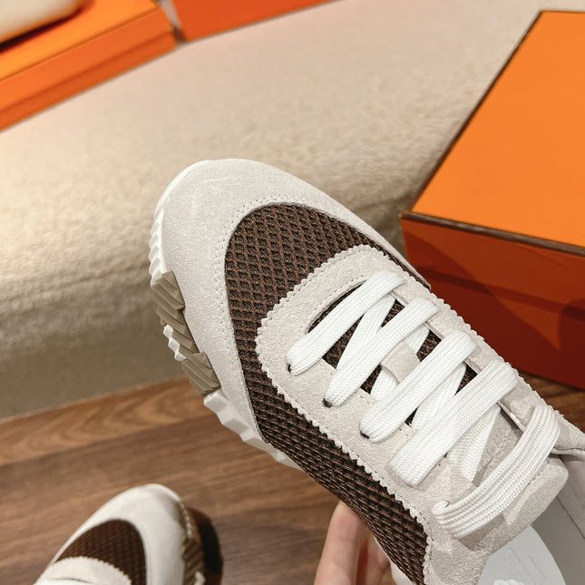 MAINLAND SNEAKER IN PALE GRAY SUEDE AND MOCHA BROWN BREATHABLE MESH FABRIC