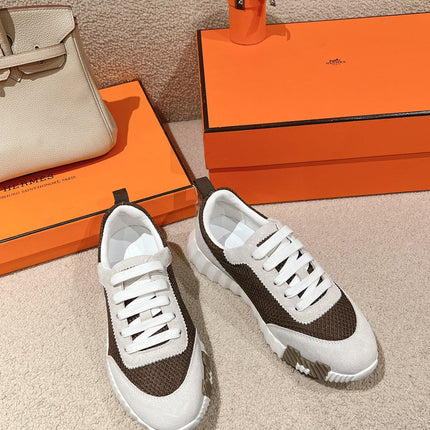 MAINLAND SNEAKER IN PALE GRAY SUEDE AND MOCHA BROWN BREATHABLE MESH FABRIC