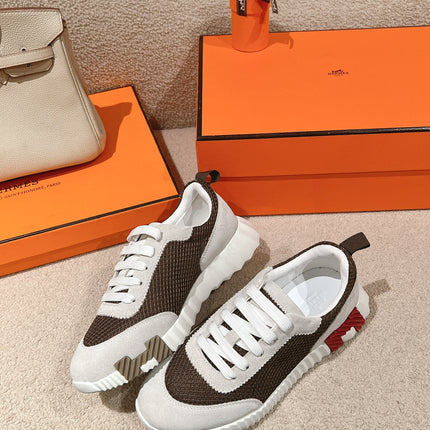 MAINLAND SNEAKER IN PALE GRAY SUEDE AND MOCHA BROWN BREATHABLE MESH FABRIC